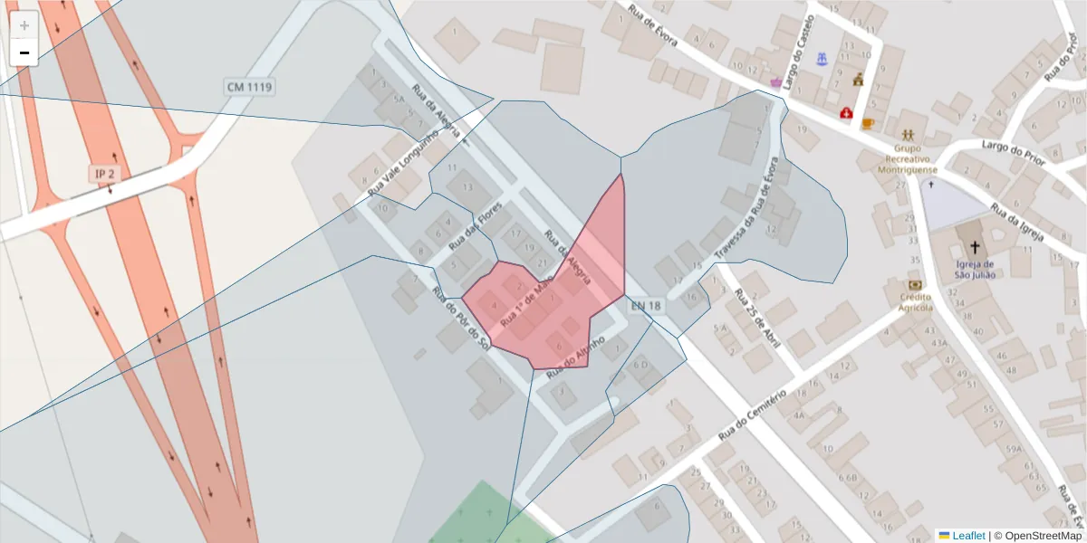 Mapa detalhado do código postal 7220-205 com limites, códigos postais vizinhos e agências dos correios