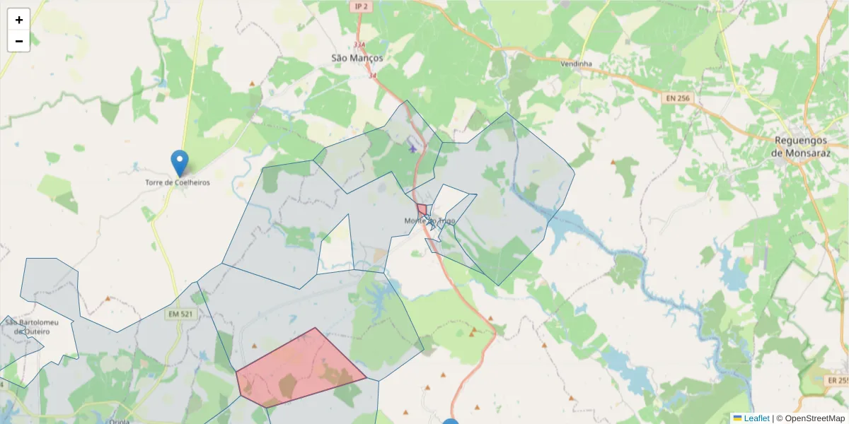 Mapa detalhado do código postal 7220-209 com limites, códigos postais vizinhos e agências dos correios