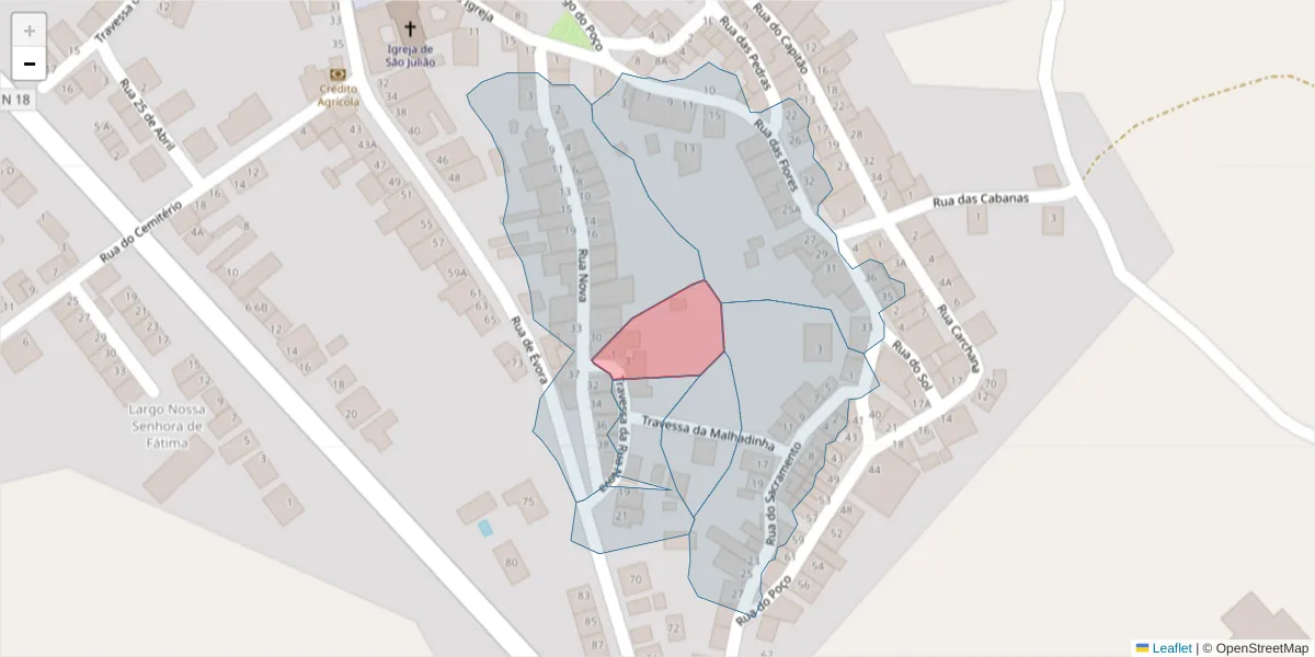 Mapa detalhado do código postal 7220-218 com limites, códigos postais vizinhos e agências dos correios