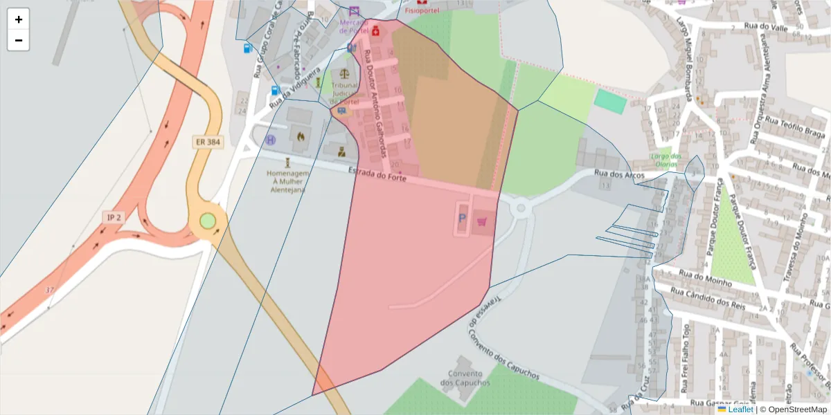 Mapa detalhado do código postal 7220-348 com limites, códigos postais vizinhos e agências dos correios