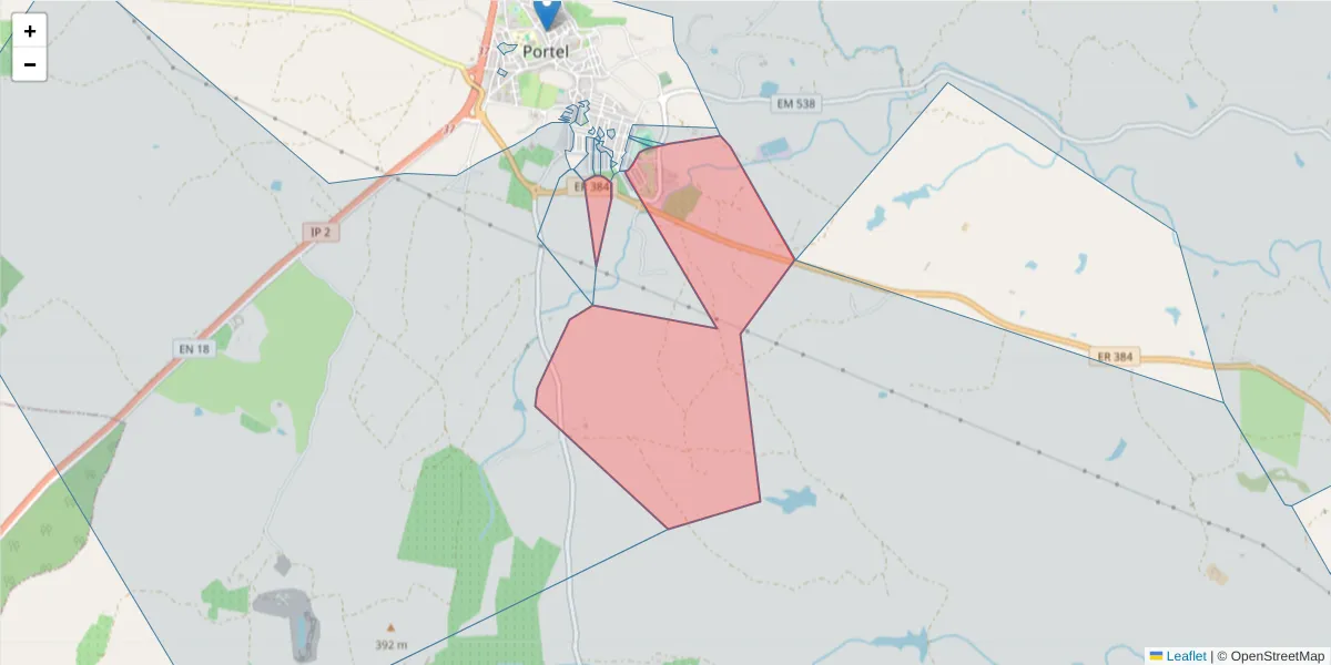 Mapa detalhado do código postal 7220-350 com limites, códigos postais vizinhos e agências dos correios