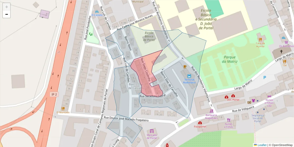 Mapa detalhado do código postal 7220-354 com limites, códigos postais vizinhos e agências dos correios