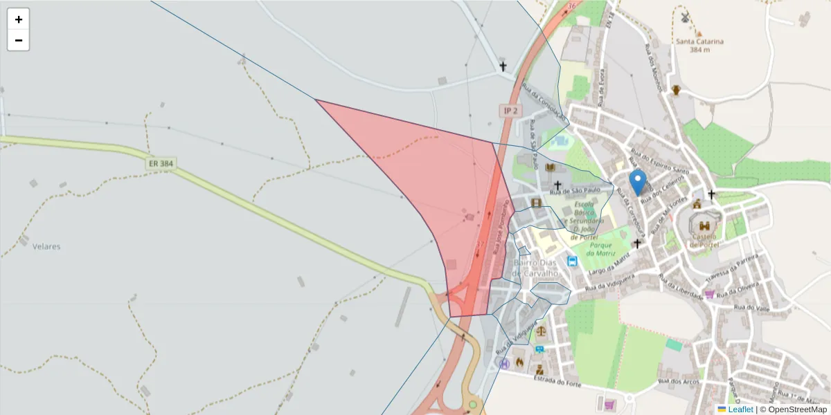 Mapa detalhado do código postal 7220-356 com limites, códigos postais vizinhos e agências dos correios