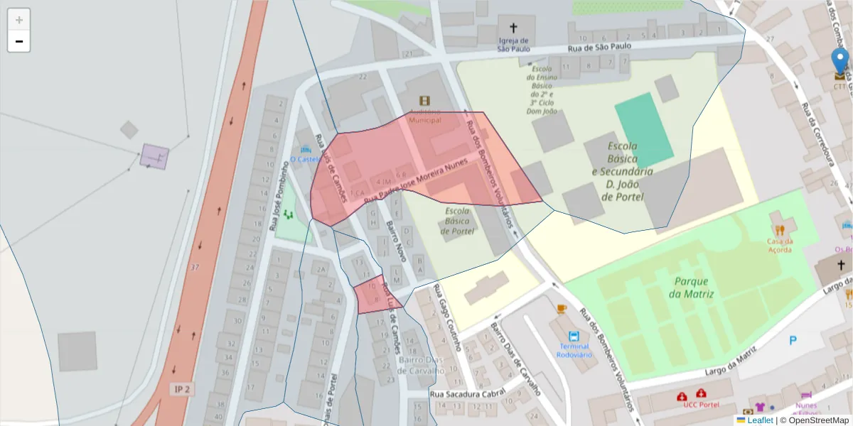 Mapa detalhado do código postal 7220-360 com limites, códigos postais vizinhos e agências dos correios