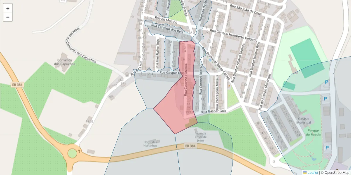 Mapa detalhado do código postal 7220-381 com limites, códigos postais vizinhos e agências dos correios