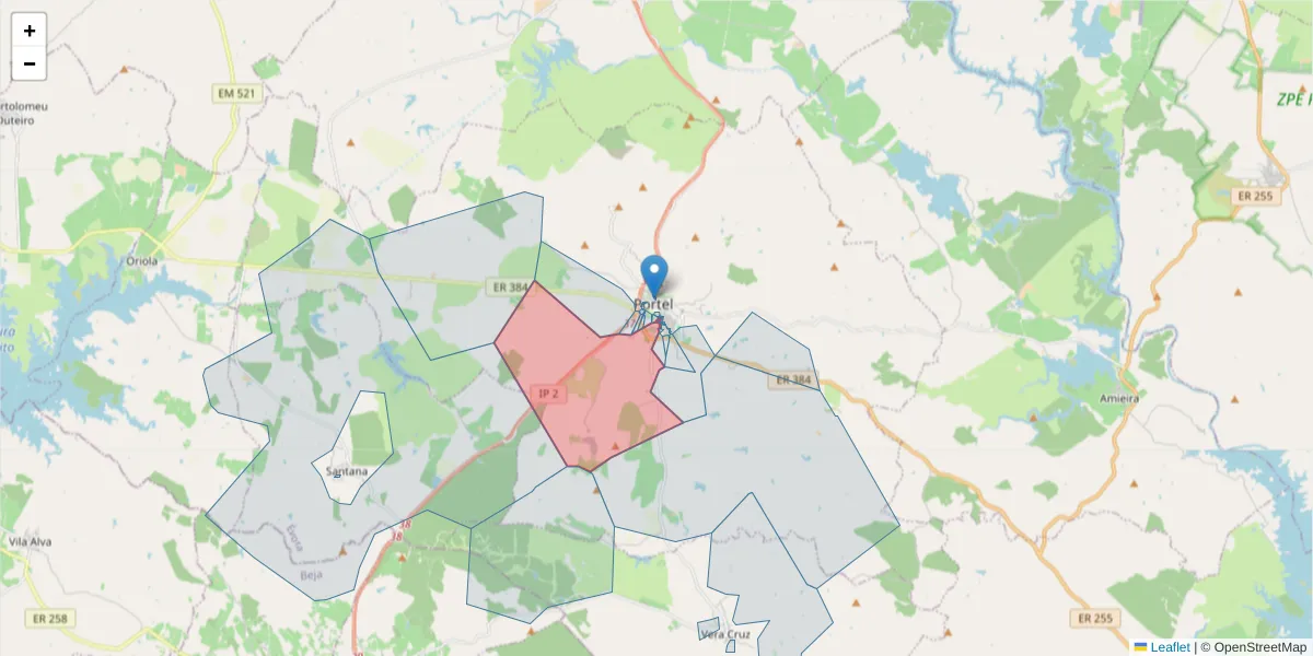 Mapa detalhado do código postal 7220-385 com limites, códigos postais vizinhos e agências dos correios