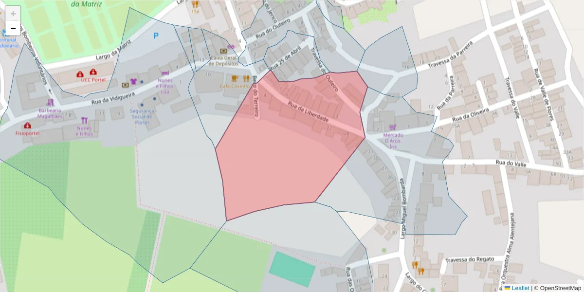 Mapa detalhado do código postal 7220-386 com limites, códigos postais vizinhos e agências dos correios