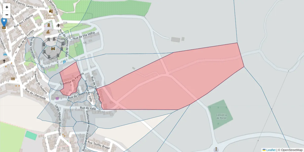 Mapa detalhado do código postal 7220-389 com limites, códigos postais vizinhos e agências dos correios