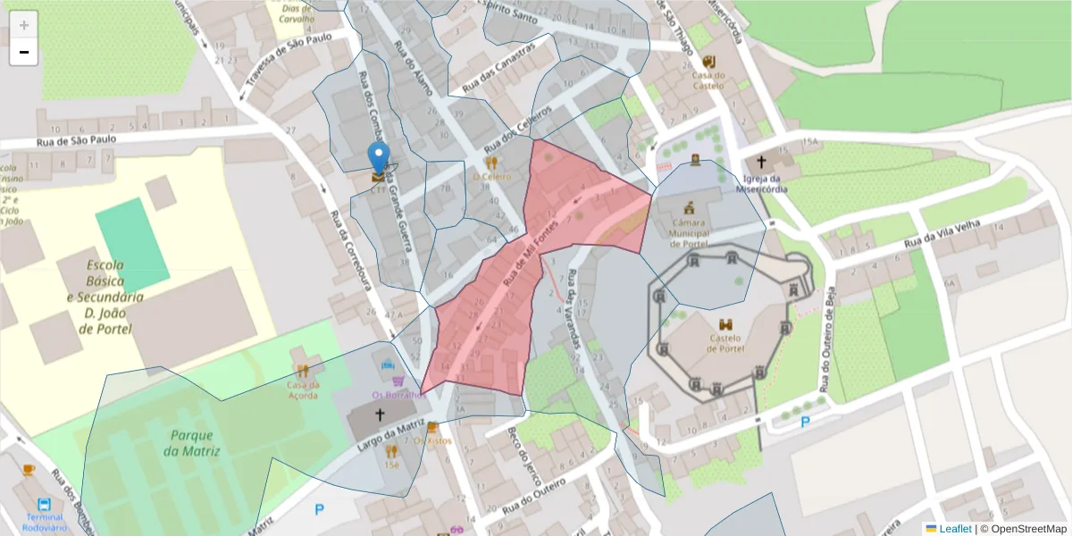 Mapa detalhado do código postal 7220-398 com limites, códigos postais vizinhos e agências dos correios