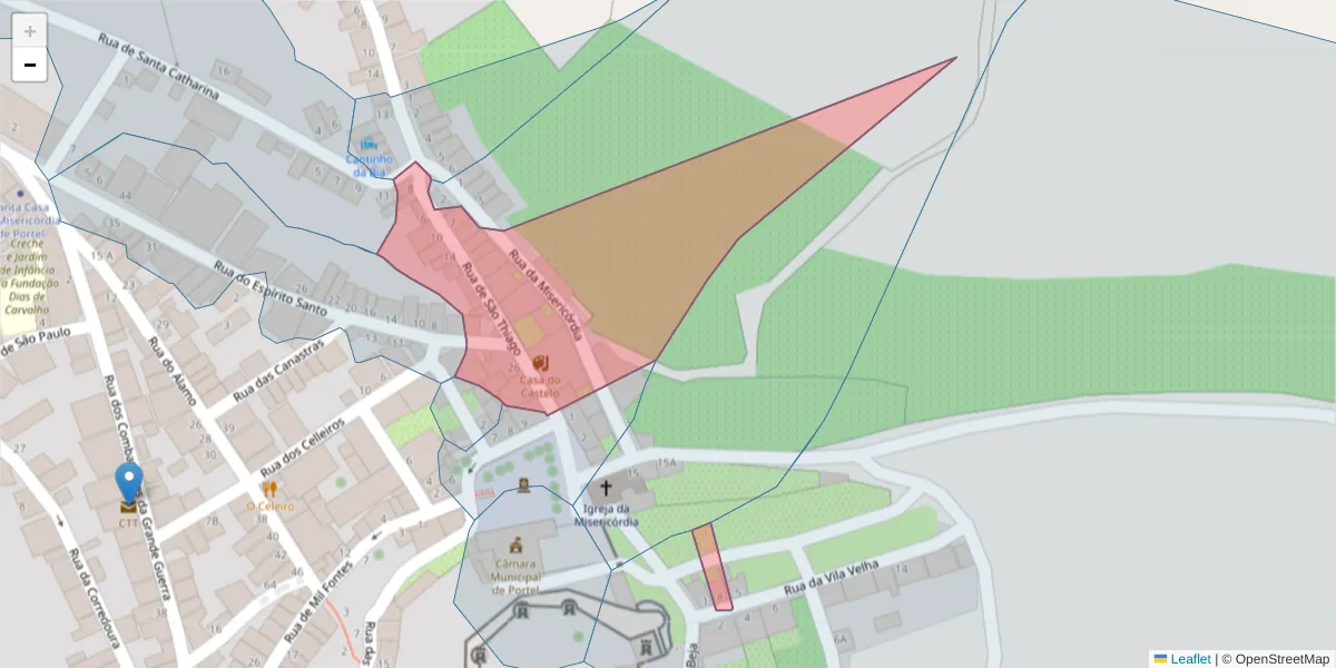 Mapa detalhado do código postal 7220-400 com limites, códigos postais vizinhos e agências dos correios