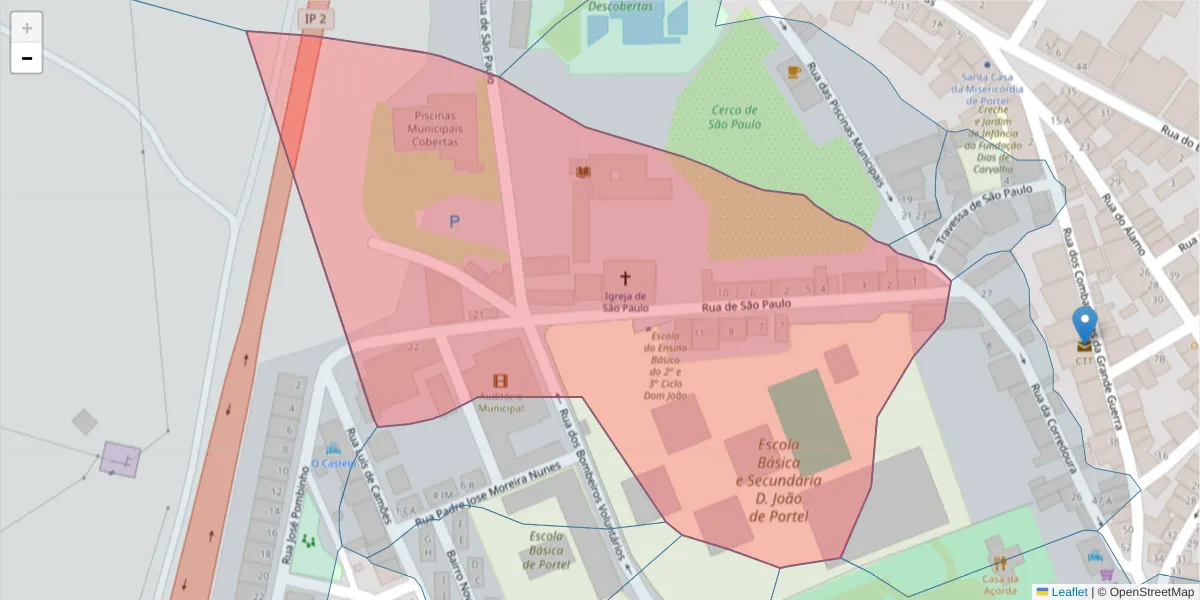 Mapa detalhado do código postal 7220-401 com limites, códigos postais vizinhos e agências dos correios