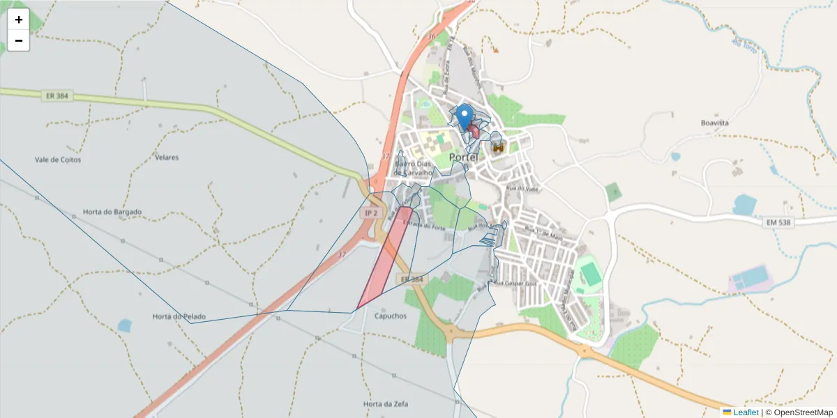 Mapa detalhado do código postal 7220-403 com limites, códigos postais vizinhos e agências dos correios