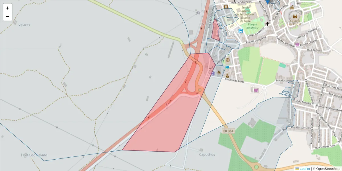 Mapa detalhado do código postal 7220-407 com limites, códigos postais vizinhos e agências dos correios