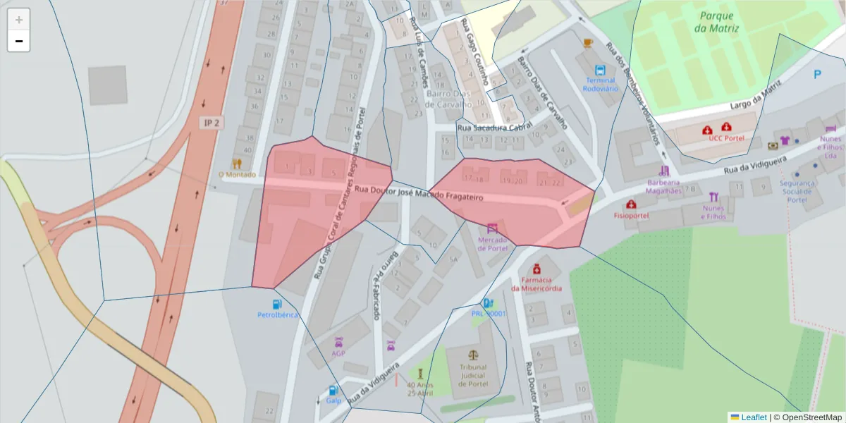 Mapa detalhado do código postal 7220-418 com limites, códigos postais vizinhos e agências dos correios