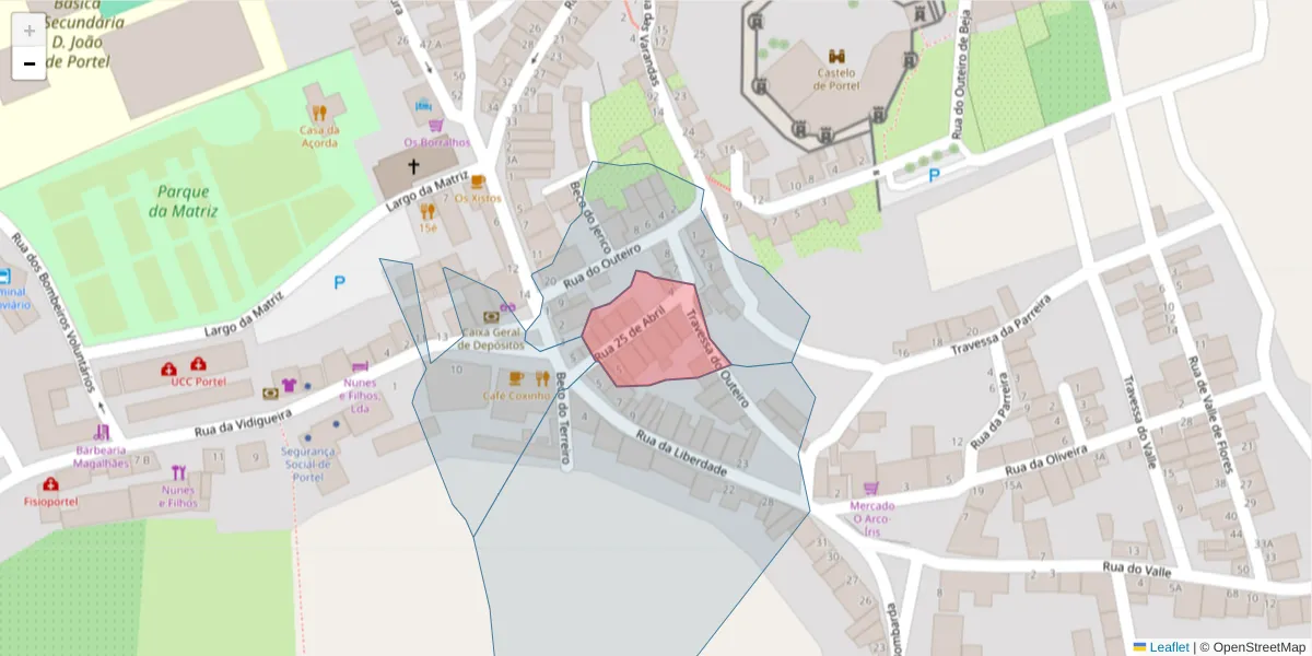 Mapa detalhado do código postal 7220-430 com limites, códigos postais vizinhos e agências dos correios