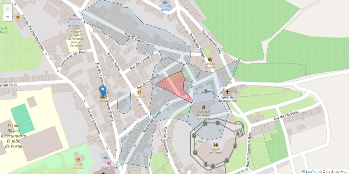 Mapa detalhado do código postal 7220-441 com limites, códigos postais vizinhos e agências dos correios