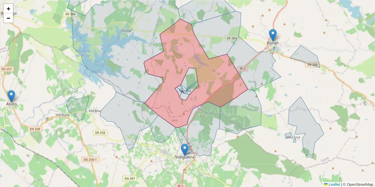 Mapa detalhado do código postal 7220-499 com limites, códigos postais vizinhos e agências dos correios