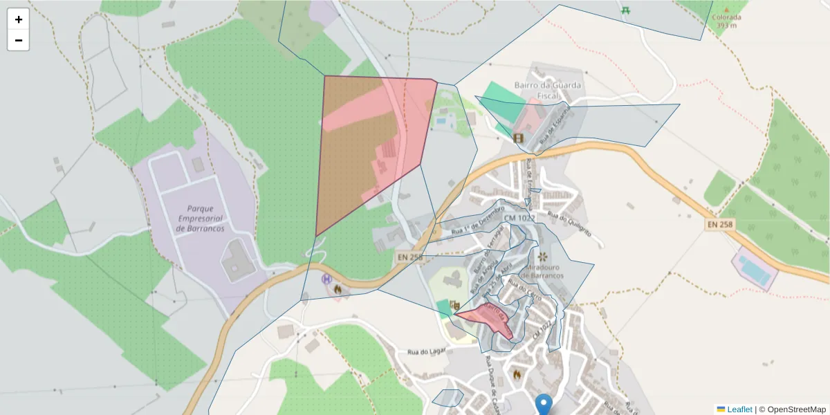 Mapa detalhado do código postal 7230-001 com limites, códigos postais vizinhos e agências dos correios