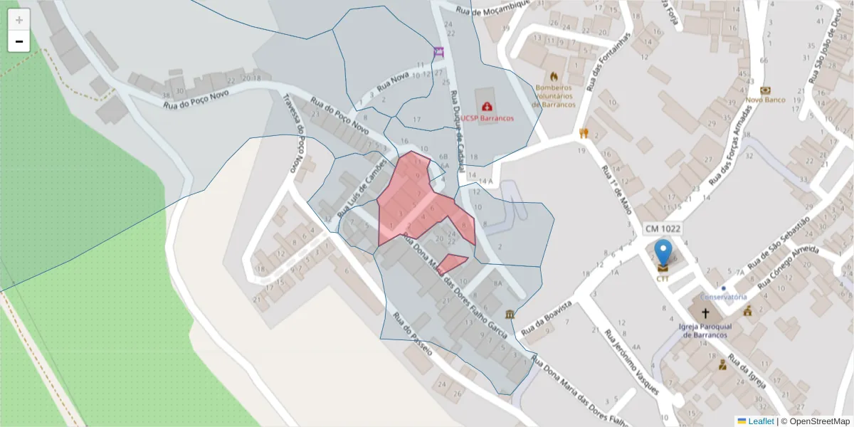 Mapa detalhado do código postal 7230-009 com limites, códigos postais vizinhos e agências dos correios
