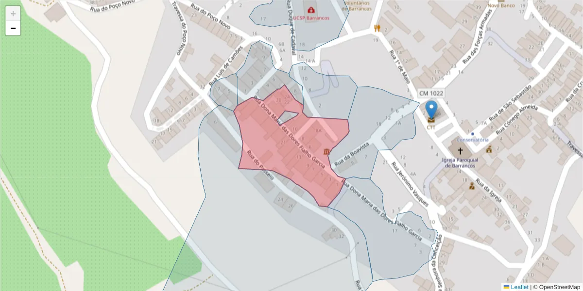 Mapa detalhado do código postal 7230-012 com limites, códigos postais vizinhos e agências dos correios