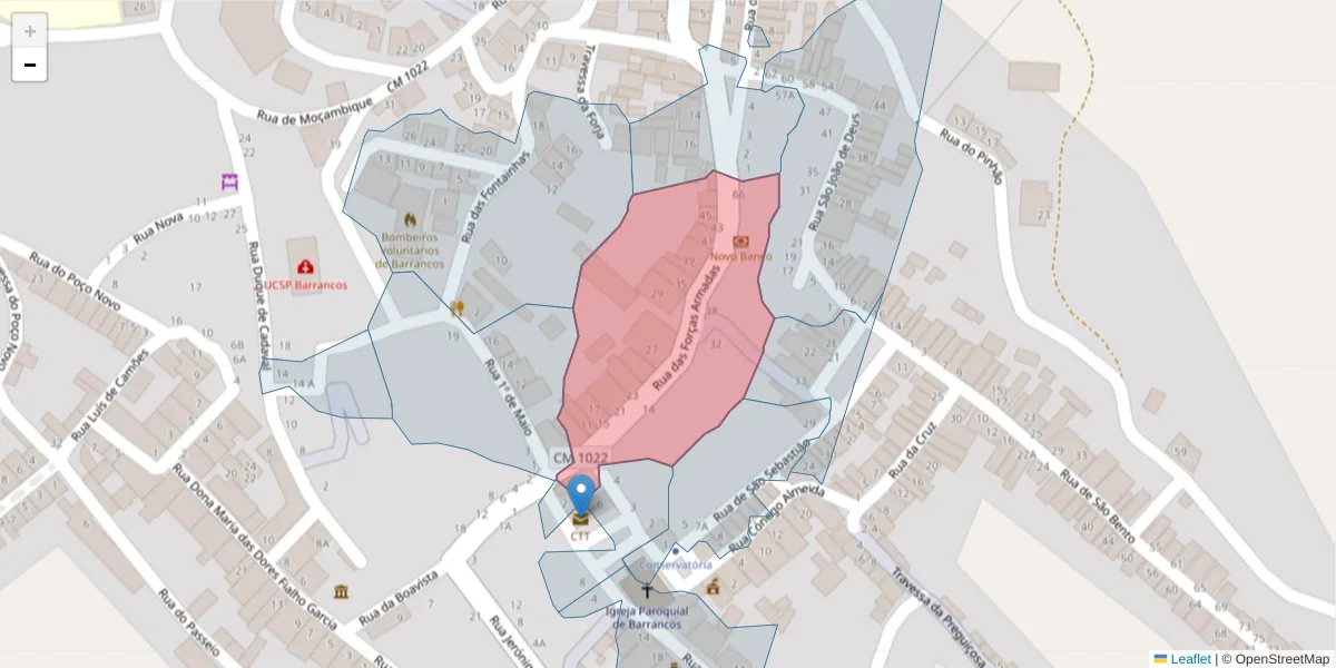 Mapa detalhado do código postal 7230-019 com limites, códigos postais vizinhos e agências dos correios