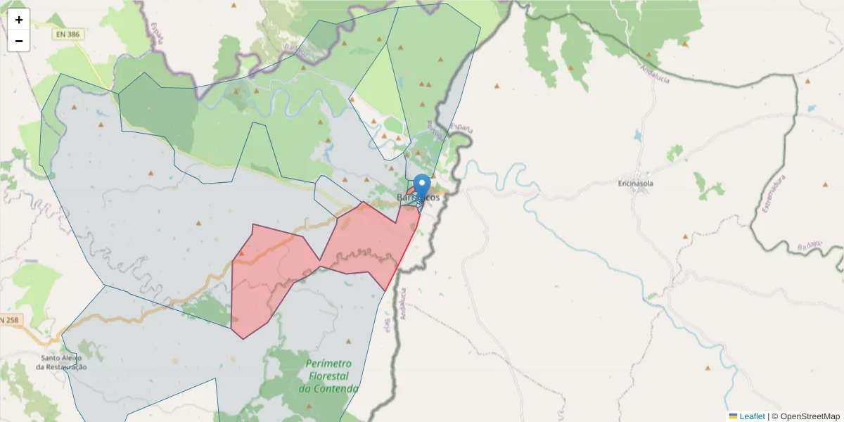 Mapa detalhado do código postal 7230-023 com limites, códigos postais vizinhos e agências dos correios