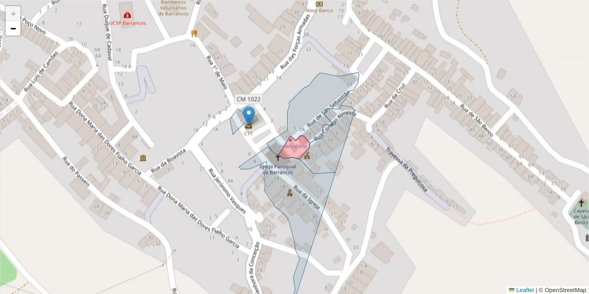 Mapa detalhado do código postal 7230-030 com limites, códigos postais vizinhos e agências dos correios