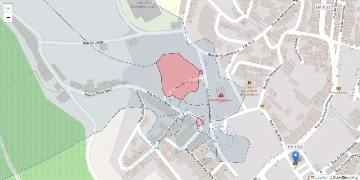 Mapa detalhado do código postal 7230-032 com limites, códigos postais vizinhos e agências dos correios