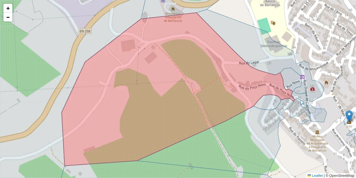 Mapa detalhado do código postal 7230-038 com limites, códigos postais vizinhos e agências dos correios