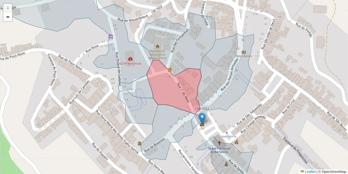 Mapa detalhado do código postal 7230-043 com limites, códigos postais vizinhos e agências dos correios