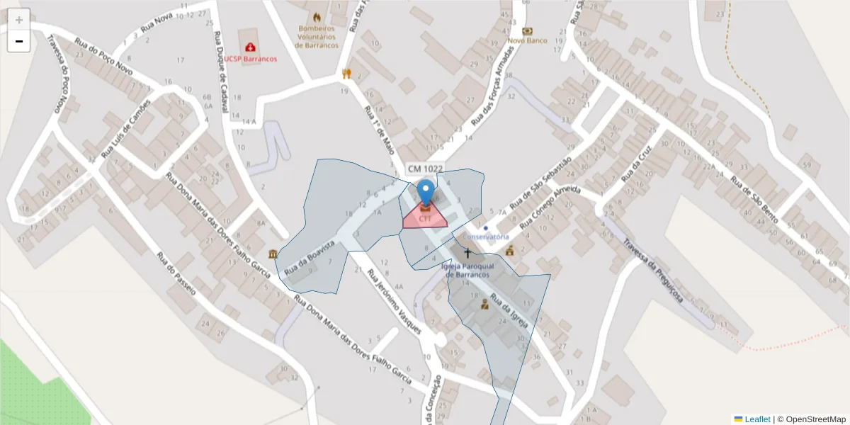 Mapa detalhado do código postal 7230-998 com limites, códigos postais vizinhos e agências dos correios