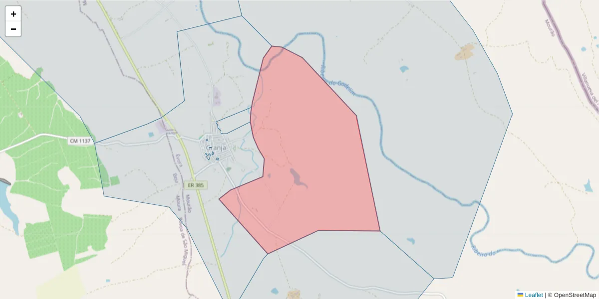 Mapa detalhado do código postal 7240-011 com limites, códigos postais vizinhos e agências dos correios