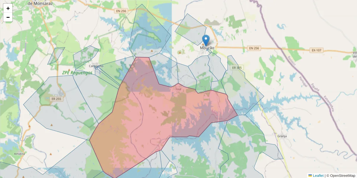 Mapa detalhado do código postal 7240-100 com limites, códigos postais vizinhos e agências dos correios