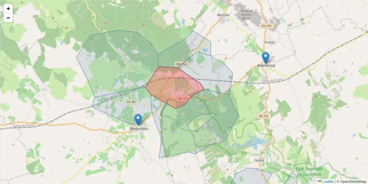 Mapa detalhado do código postal 7250-068 com limites, códigos postais vizinhos e agências dos correios