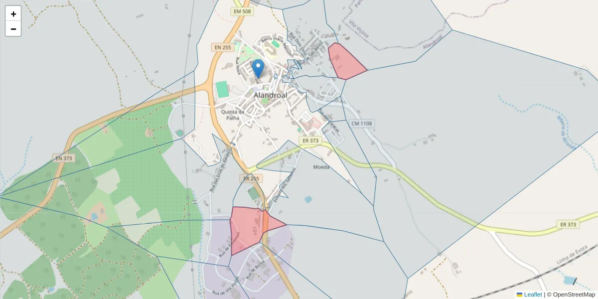 Mapa detalhado do código postal 7250-106 com limites, códigos postais vizinhos e agências dos correios