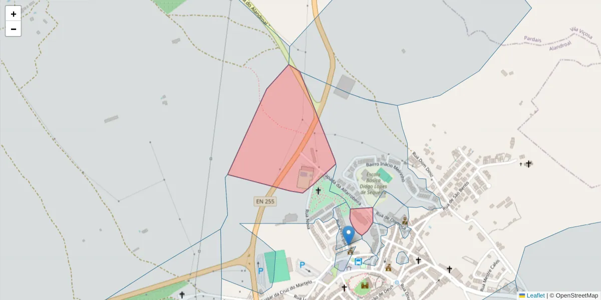 Mapa detalhado do código postal 7250-108 com limites, códigos postais vizinhos e agências dos correios