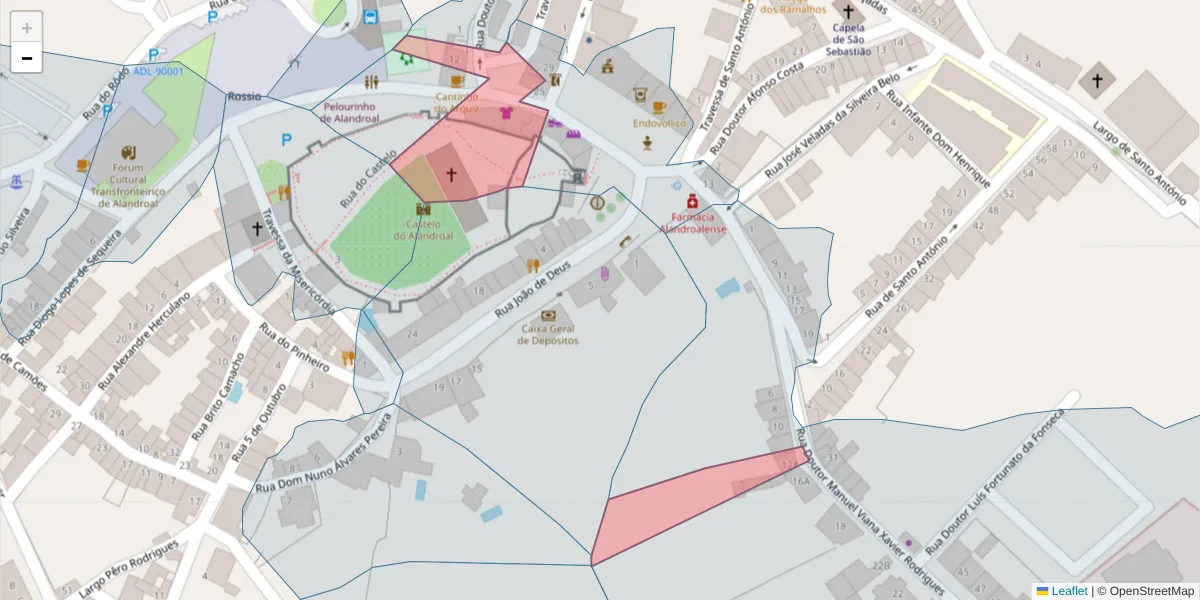 Mapa detalhado do código postal 7250-110 com limites, códigos postais vizinhos e agências dos correios
