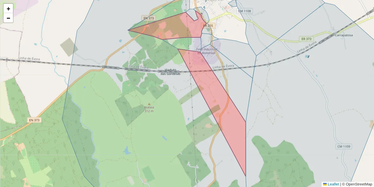 Mapa detalhado do código postal 7250-121 com limites, códigos postais vizinhos e agências dos correios