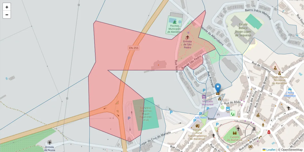 Mapa detalhado do código postal 7250-128 com limites, códigos postais vizinhos e agências dos correios