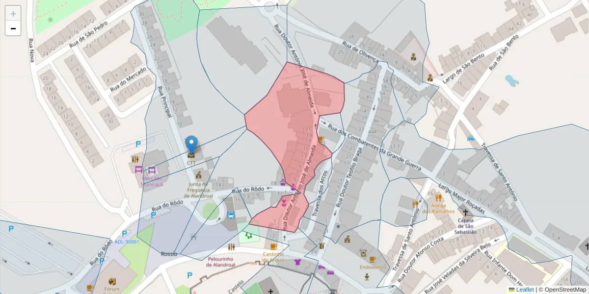 Mapa detalhado do código postal 7250-138 com limites, códigos postais vizinhos e agências dos correios