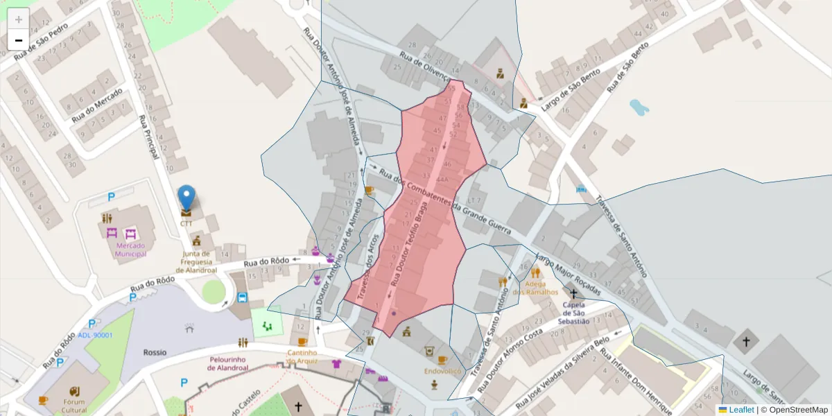 Mapa detalhado do código postal 7250-140 com limites, códigos postais vizinhos e agências dos correios