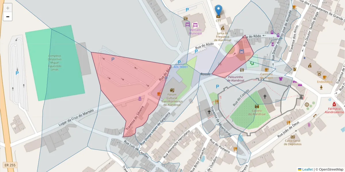 Mapa detalhado do código postal 7250-151 com limites, códigos postais vizinhos e agências dos correios
