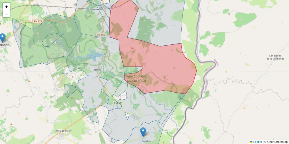 Mapa detalhado do código postal 7250-203 com limites, códigos postais vizinhos e agências dos correios