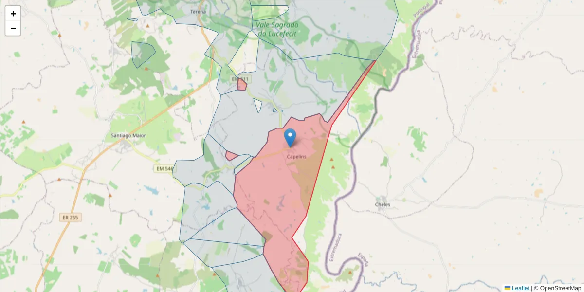 Mapa detalhado do código postal 7250-282 com limites, códigos postais vizinhos e agências dos correios