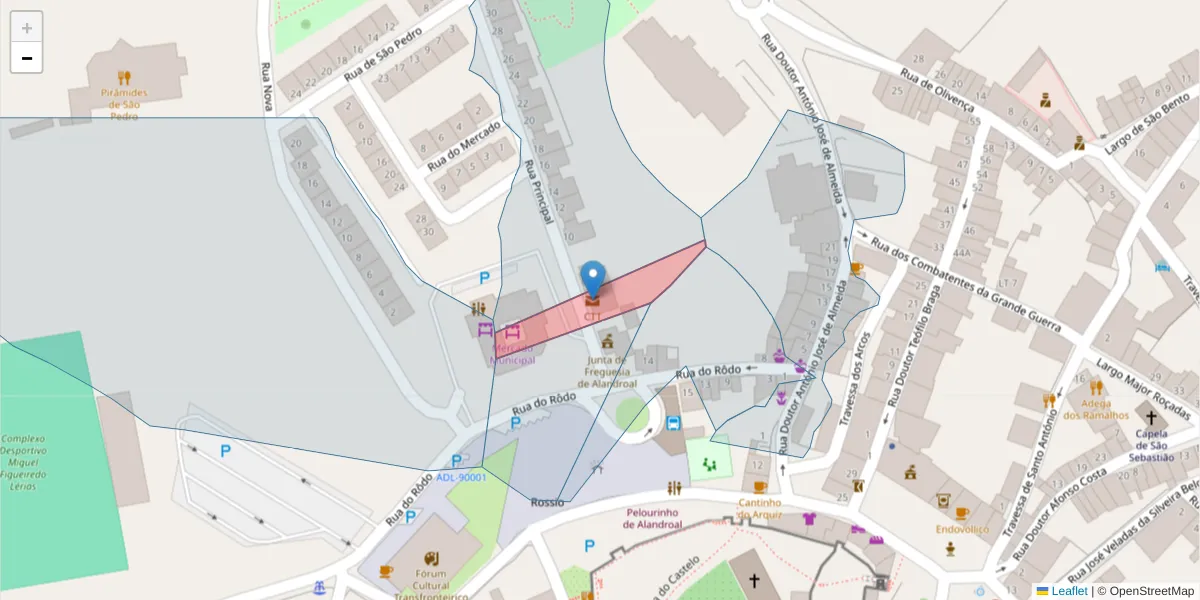 Mapa detalhado do código postal 7250-999 com limites, códigos postais vizinhos e agências dos correios