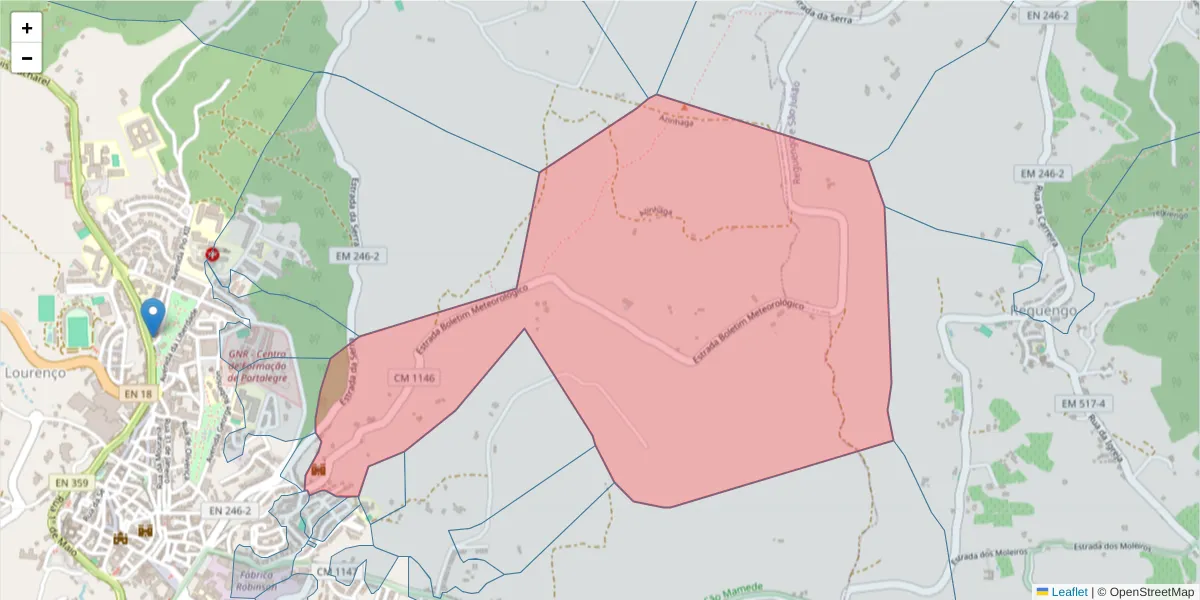 Mapa detalhado do código postal 7300-012 com limites, códigos postais vizinhos e agências dos correios
