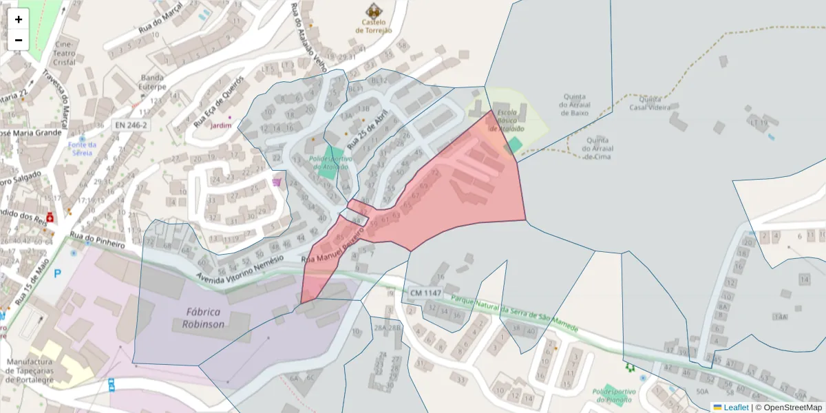 Mapa detalhado do código postal 7300-020 com limites, códigos postais vizinhos e agências dos correios