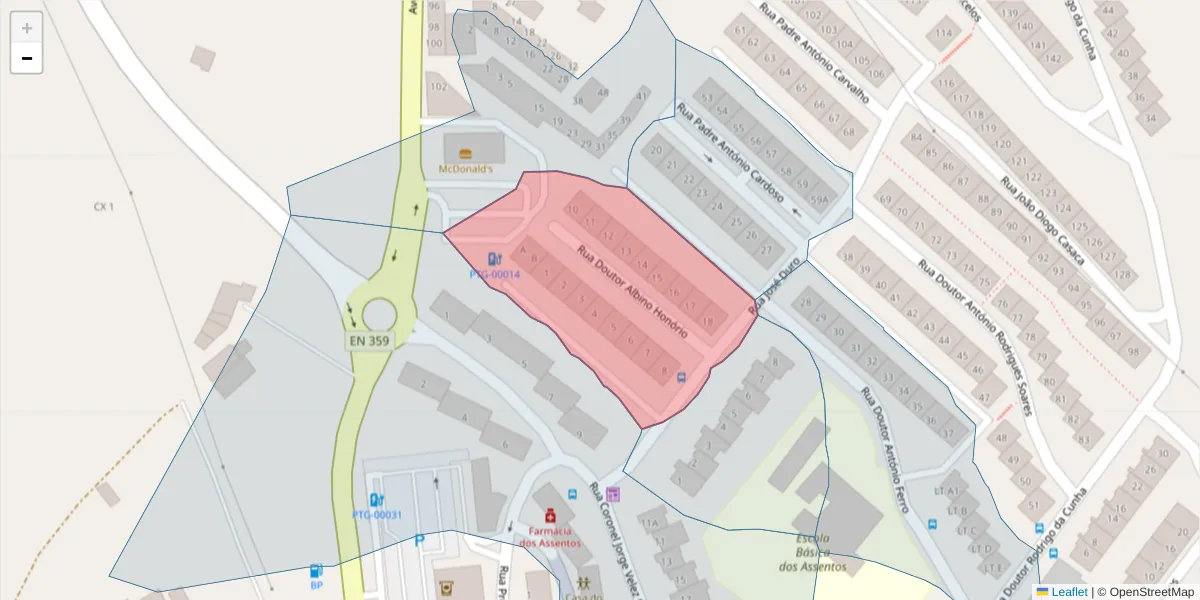 Mapa detalhado do código postal 7300-027 com limites, códigos postais vizinhos e agências dos correios