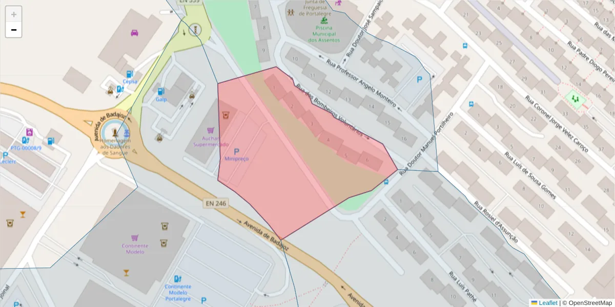 Mapa detalhado do código postal 7300-031 com limites, códigos postais vizinhos e agências dos correios