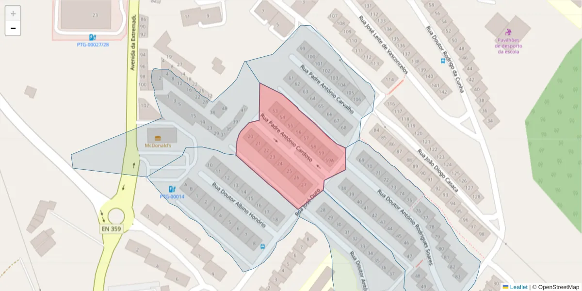 Mapa detalhado do código postal 7300-039 com limites, códigos postais vizinhos e agências dos correios